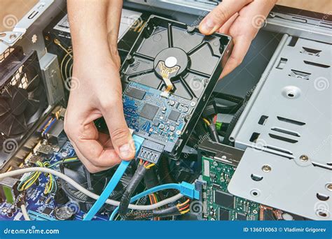 connecting hard drive unassembled  desktop computer stock image