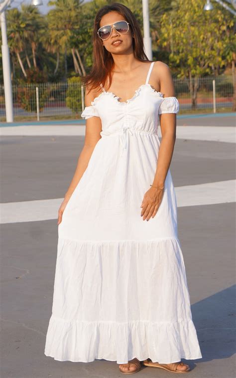 white cotton dresses long maxi length summer spring spaghetti