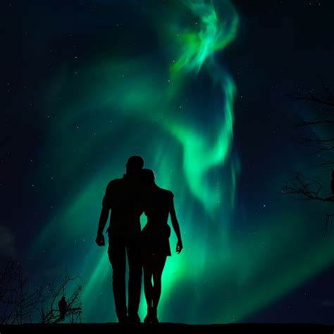 Couple Wallpaper 4K, Aurora Borealis, Night, Romantic