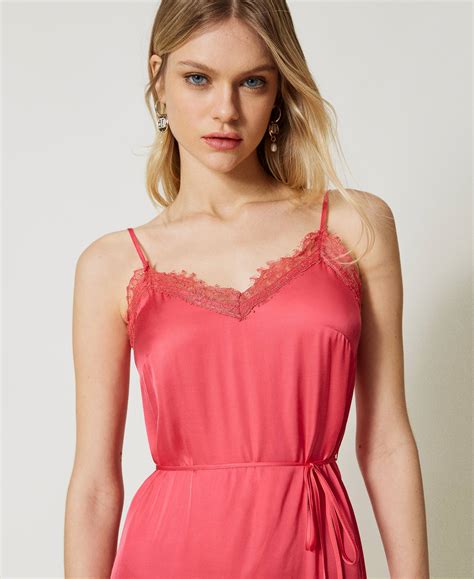 Long satin dress with lace Woman, Pink | TWINSET Milano