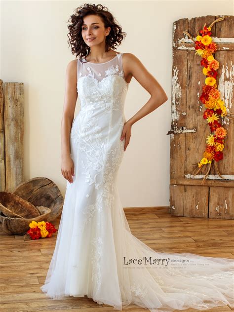 Fitted Lace Wedding Dress with Beaded Floral Appliques - LaceMarry