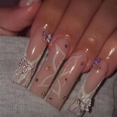 Extra Long Press on Nails Square Fake Nails with Butterfly Charm