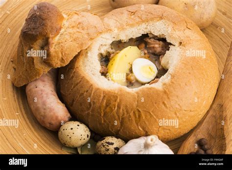 traditional white borscht (zurek) with sausage,egg and mushrooms in ...