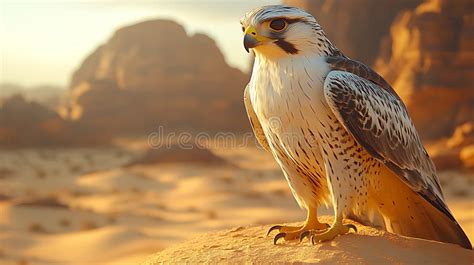 desert falcon perched sunrise rock formation stock illustration
