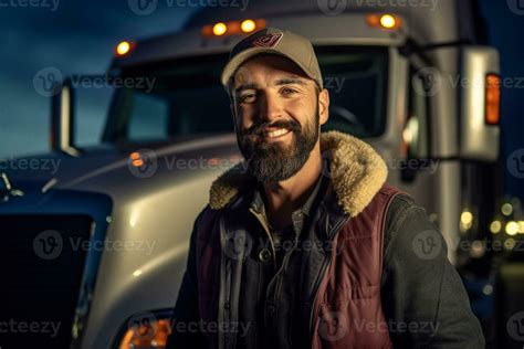 a smiling male truck driver standing in front of his truck with