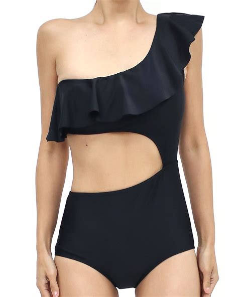 black cutout ruffles one shoulder one-piece swimwear *pre-order* – STYLEGAL