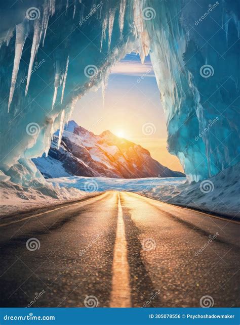 Straight Asphalt Road Leads Out of a Glacier Cave with Huge Ice Crystal