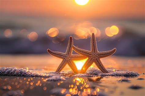 Starfish on a beach with a sunset in the background | Premium AI