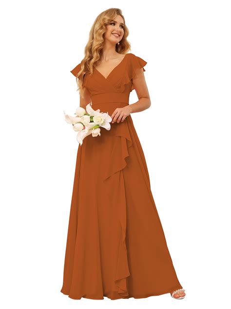 Vestido de dama de honor TIRAS de chifón naranja quemado, cintura