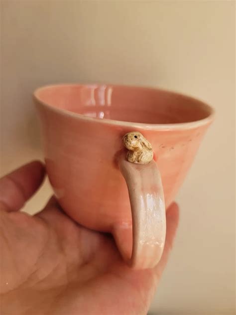 Pink or White Bunny Cup With Mini Beige Rabbit Made To Order - Holly & Co