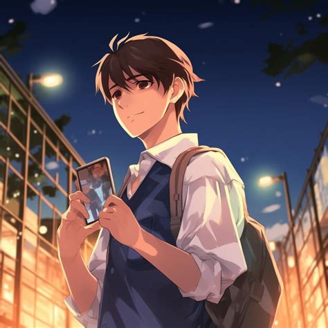 anime boy holding  cell phone   hand  standing  front