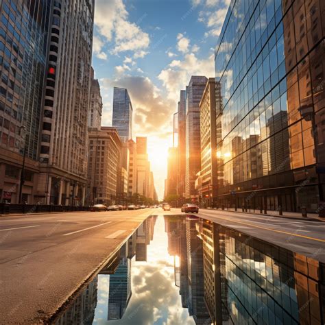Premium Photo | Urban Cityscape with Reflective Puddle and Clear Blue Sky