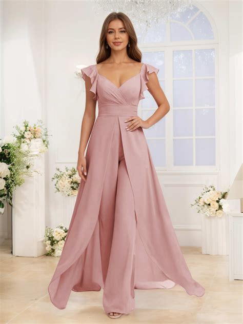 Chic V-Neck Ruffles Sleeves Long Chiffon Jumpsuits For Bridesmaids