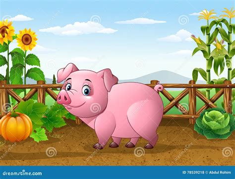 Cartoon Pig with Farm Background Stock Vector - Illustration of flower, grow: 78539218