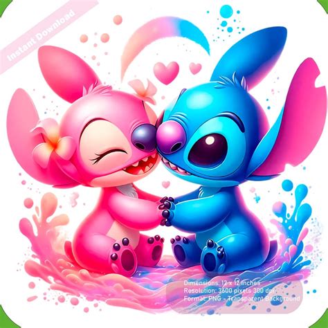 Stitch and Angel Kiss PNG Love Cute Splash Watercolor Aesthetic Clipart