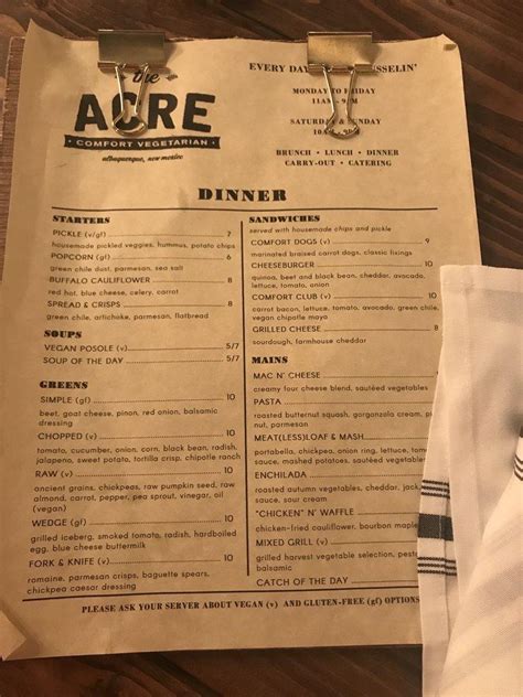 Menu at The Acre restaurant, Albuquerque
