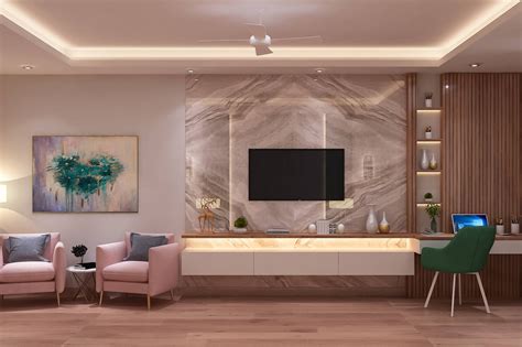 spacious tv unit design  open wooden rack  led lighting livspace