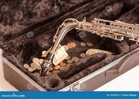 shiny saxophone lying  open instrumental casing  black velvet