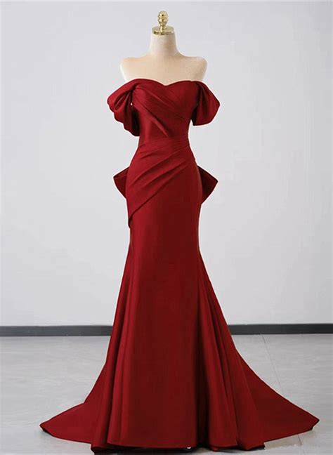 Wine Red Off Shoulder Mermaid Long Party Dress, Wine Red Evening Dress ...