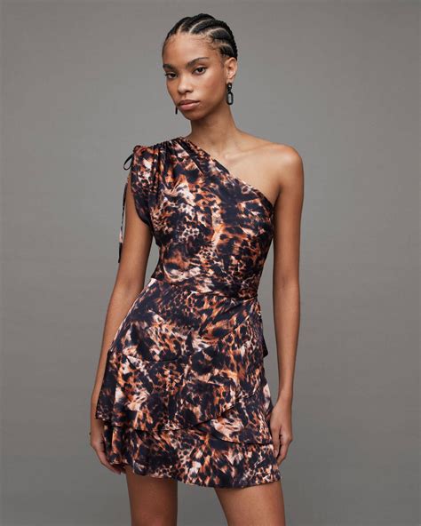 ALLSAINTS Cayla One Shoulder Printed Mini Dress in Brown | endource