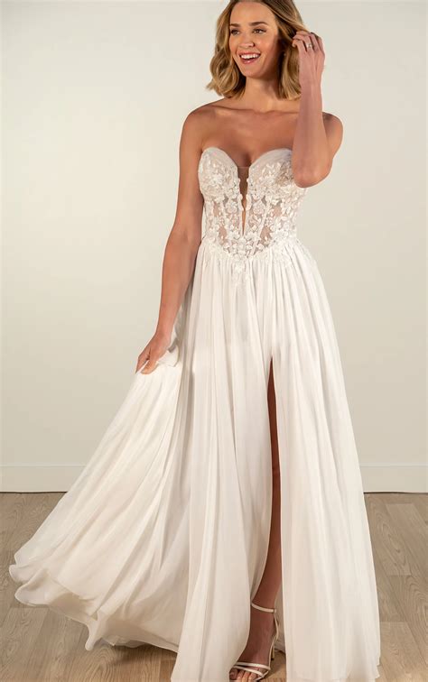 strapless   wedding dress  embellished lace  leg slit