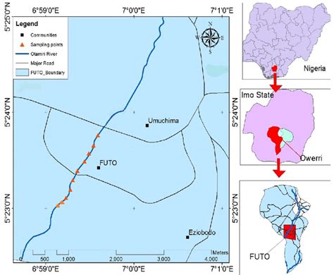 Map of the Otamiri River in FUTO showing the sampling points ...