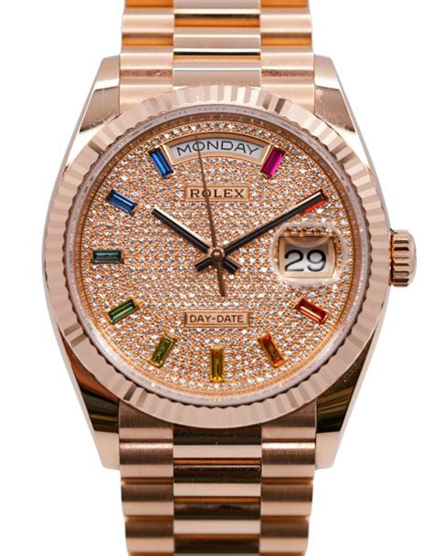 Rolex Day-Date 36 Diamond-Paved Rainbow Baguette Dial Everose Gold