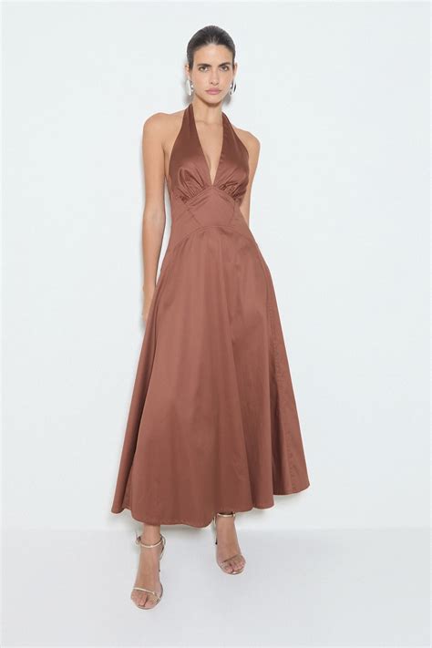 Vestido Amarrado No Pescoço - VESTIDO MIDI FRENTE UNICA COM AMARRACAO NO PESCOÇO MARROM – Zen Oficial