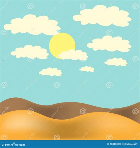 Illustrazione Di Vettore Paesaggio Del Deserto Con Cielo Blu, Il Sole E