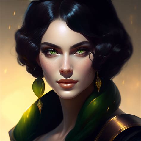 Lexica - Black hair woman, witch, white skin, pale skin, green eyes