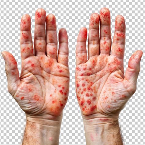 Eczema dermatitis on hands and feet red spots on transparent background