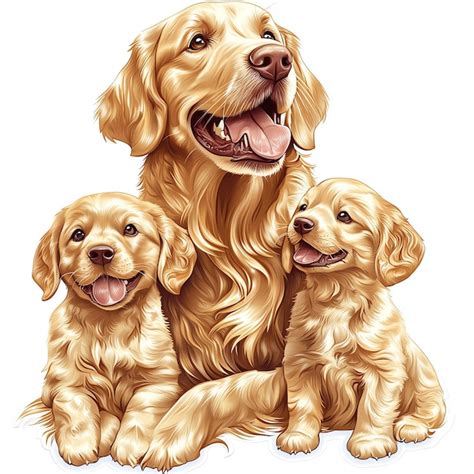 A cheerful golden retriever with two adorable puppies showcasing love ...