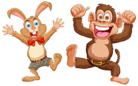 vector joyful cartoon bunny  monkey friends