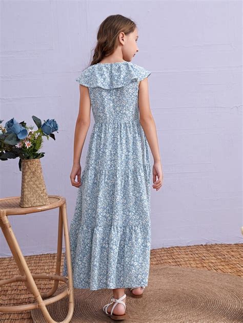 SHEIN Kids Nujoom Girls Ditsy Floral Print Ruffle Hem Dress | SHEIN USA