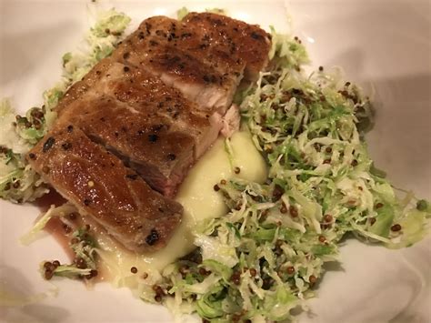 [Homemade] Pork Chop (Medium rare) with an Apple Puree and Brussel Sprout Slaw : r/food
