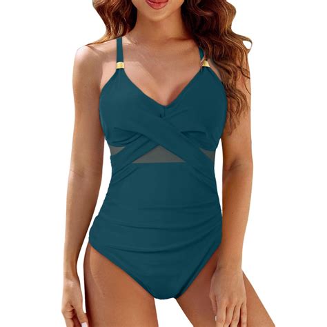 One-Piece Swimsuit Solid Color Mesh Bikini Swimsuit Blue Plus Size