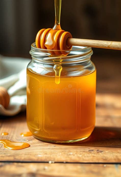 golden delicious honey jar  dipper drizzling honey stock