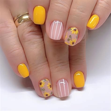 Yellow Press on Nails Short Square Fake Nails Spring Summer Sunflowers