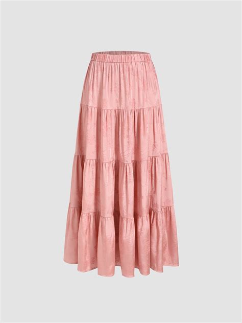 Strawberry Milk Satin Satin Mid Waist Floral Ruffle Tiered Maxi Skirt