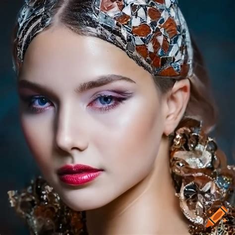 Mosaic portrait of a young goddess with intense gaze