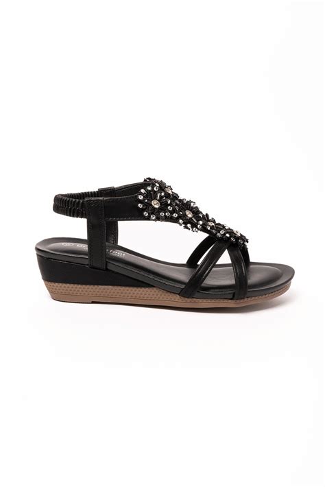 Penelope Black Ladies Sandal with Diamanti Flowers – Kenyons Footwear