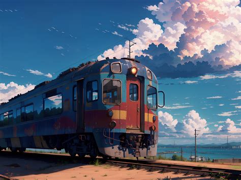 Anime train with a view of the cloudy sky 4K wallpaper download