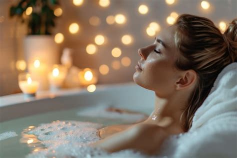 premium photo woman   warm bath  candles  essential