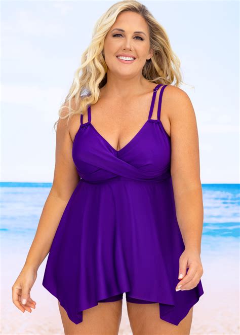 Cross Front Plus Size Asymmetric Hem Swimdress and Shorts | Rosewe.com ...