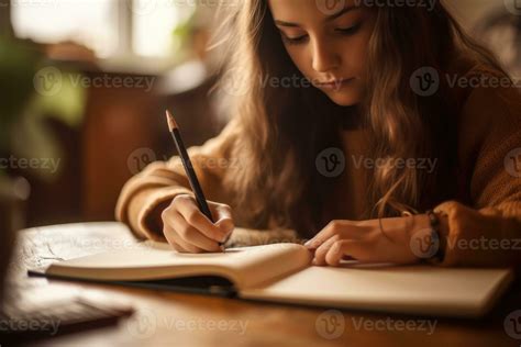 close  shot   girl writing   brand  notebook generative