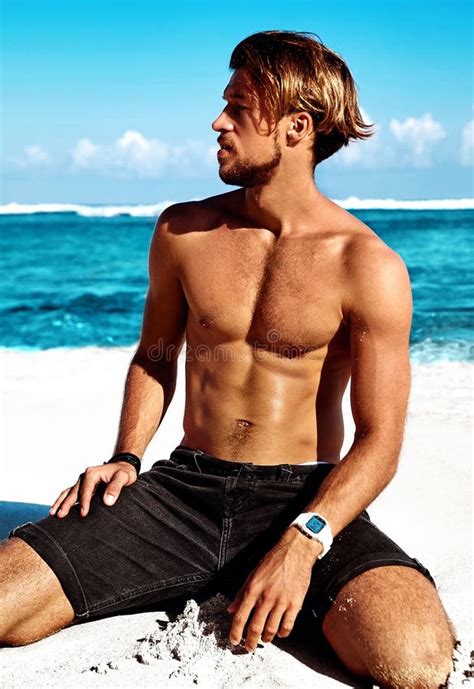 Model Posing on Summer Beach with White Sand on Blue Sky and Ocean