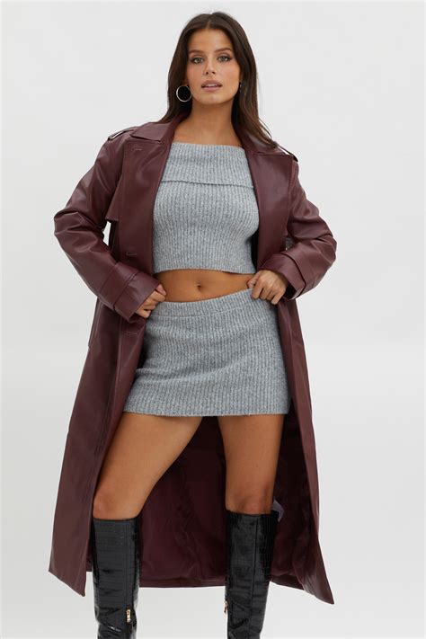 Shop the Zen Faux Leather Trench Coat Burgundy