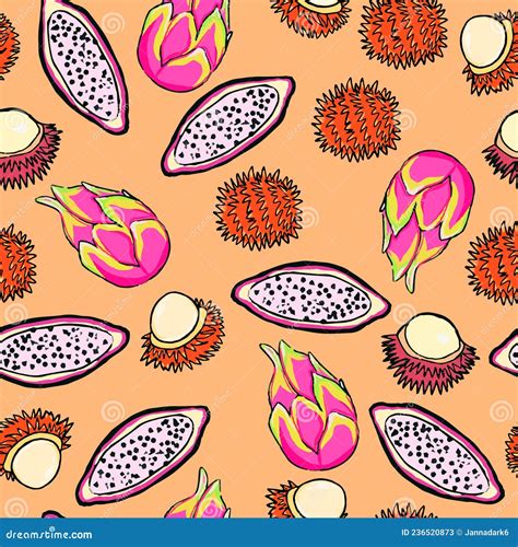 Vector Drawn Tropic Fruits Pattern, Ripe Exotic Fruits Background