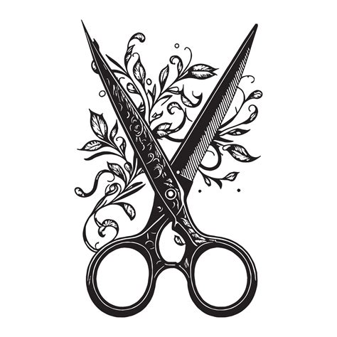 Old Scissors with Flower Black Outline Silhouette in Hand Drawing