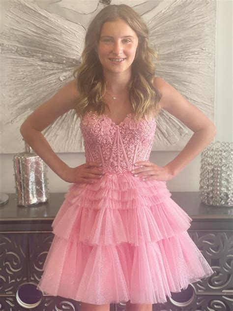 Strapless Short Fuchsia Black Pink Lace Prom Dresses, Short Lace Forma